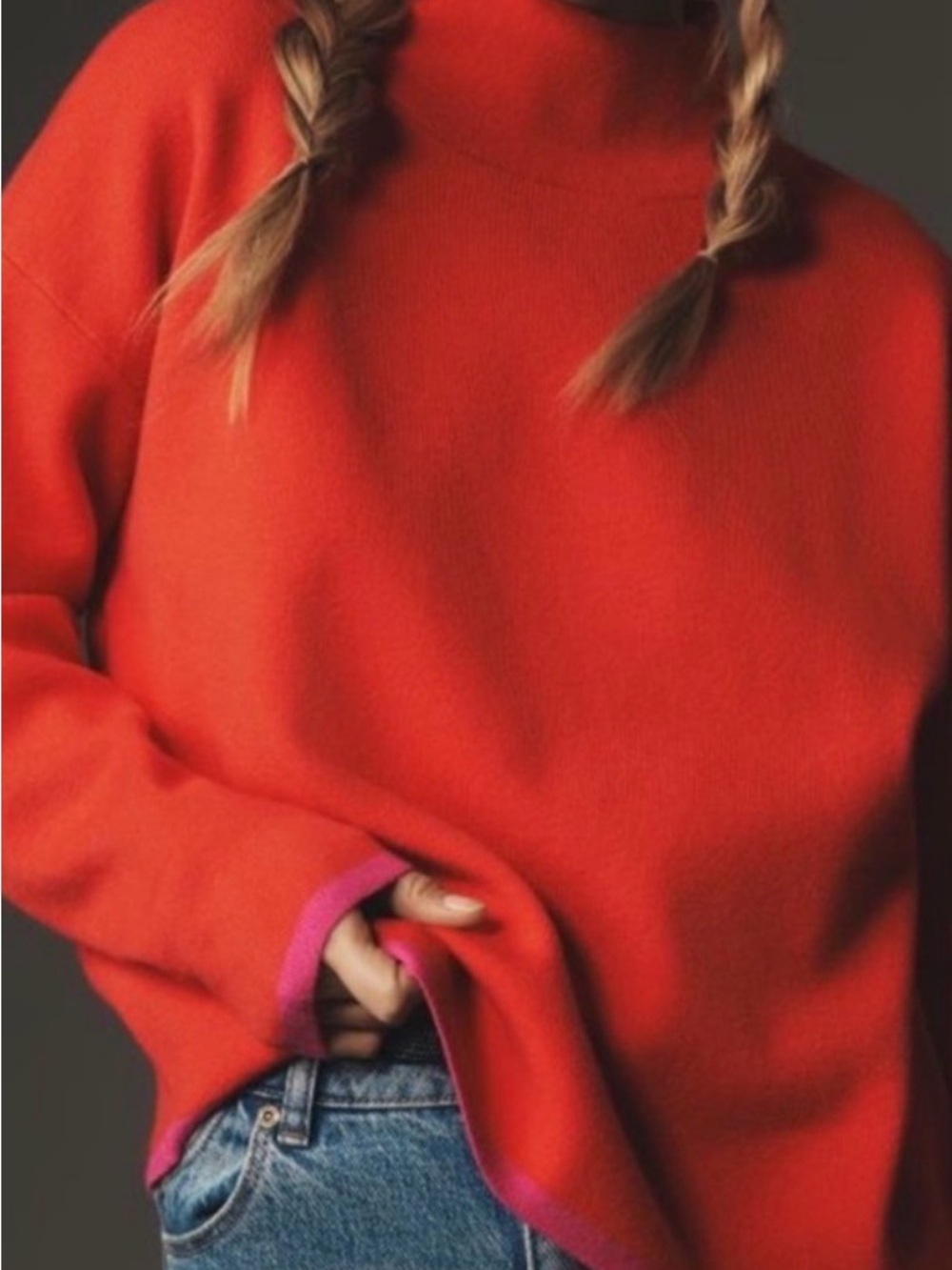 Anthropologie Maeve Carys Mockneck Sweater Orange/red pink trim Size Medium